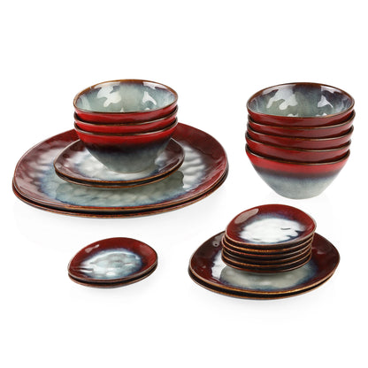 Starry Red ceramic dinner set by Livoshop includes serving platter, dessert plates, bowls, and saucers with vintage look.