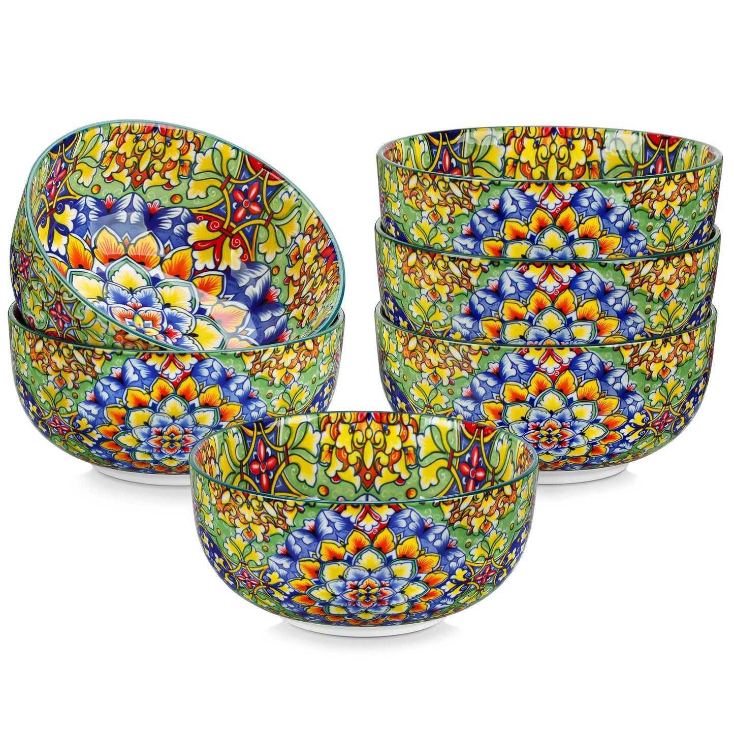 Set of six Livoshop ceramic cereal bowls, 28 oz, bohemian style, ideal for salad, pasta, rice, oatmeal, fruit, or cereal.