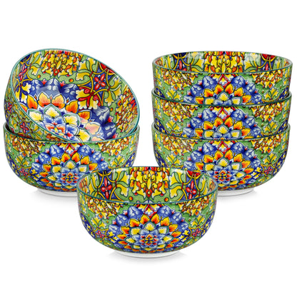 Set of six Livoshop ceramic cereal bowls, 28 oz, bohemian style, ideal for salad, pasta, rice, oatmeal, fruit, or cereal.