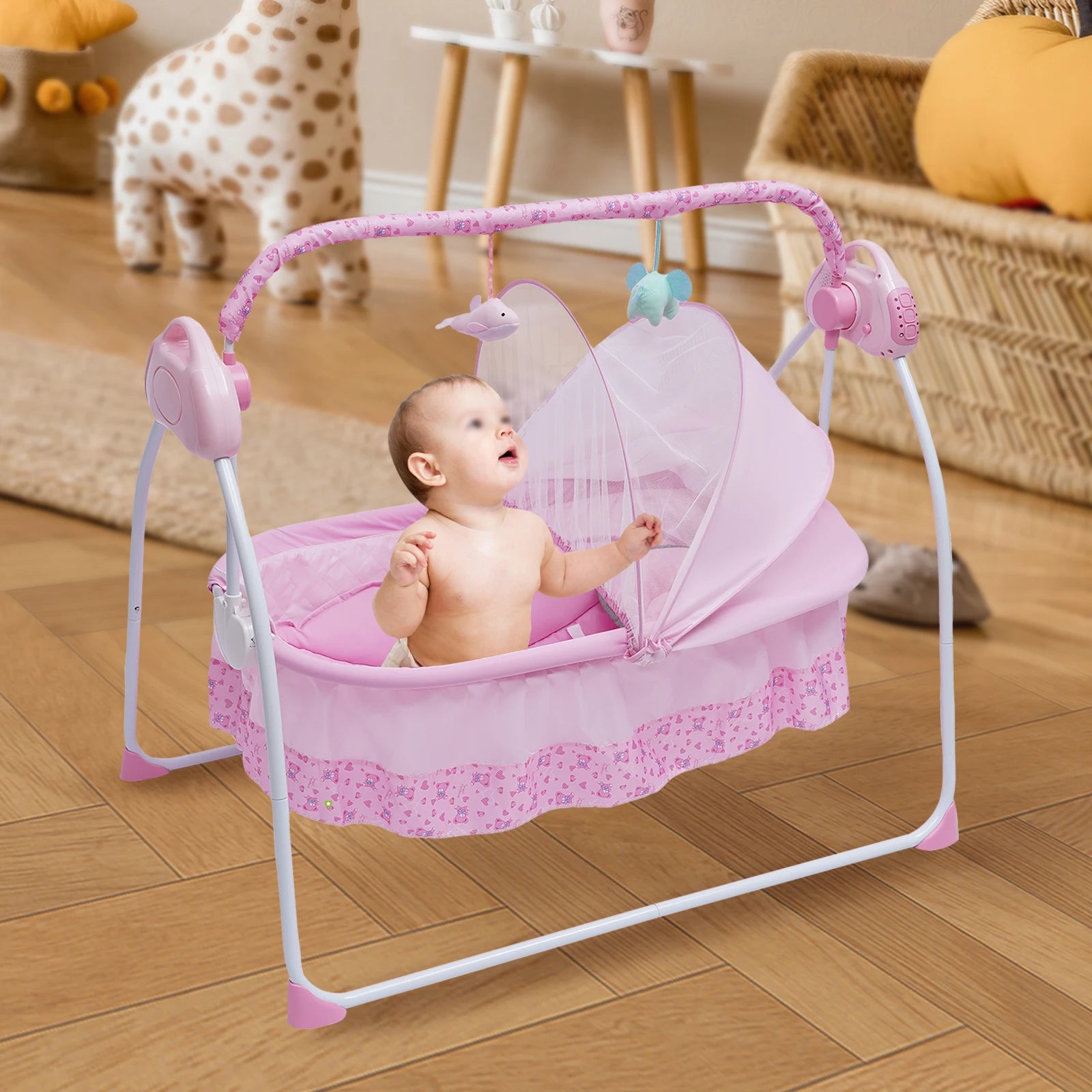 Pink USB electric baby crib shaker with auto-swing, music, toys, and adjustable timer, designed for soothing newborns.