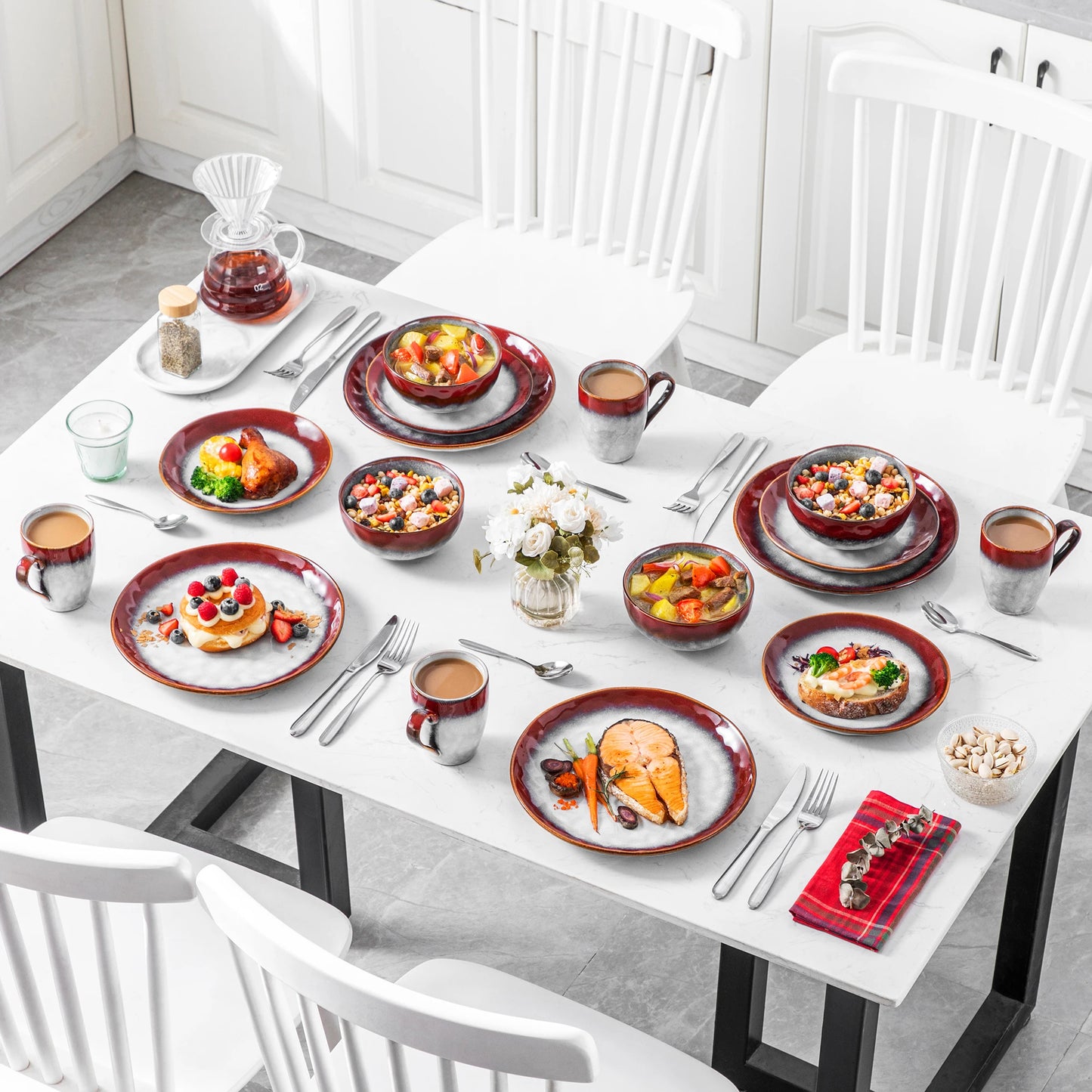 Starry dinner set by Livoshop with glazed dinner plates, dessert plates, bowls, and mugs in 16, 32, or 48-piece options.