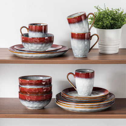 Livoshop 16/32-piece dinner set with red and green kiln-change glaze, including dinner plates, dessert bowls, and mugs.
