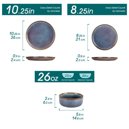 Set of grey-blue reactive glaze stoneware dinnerware with 12/16/18/24 pieces including dinner plates, dessert plates, and bowls by Livoshop.