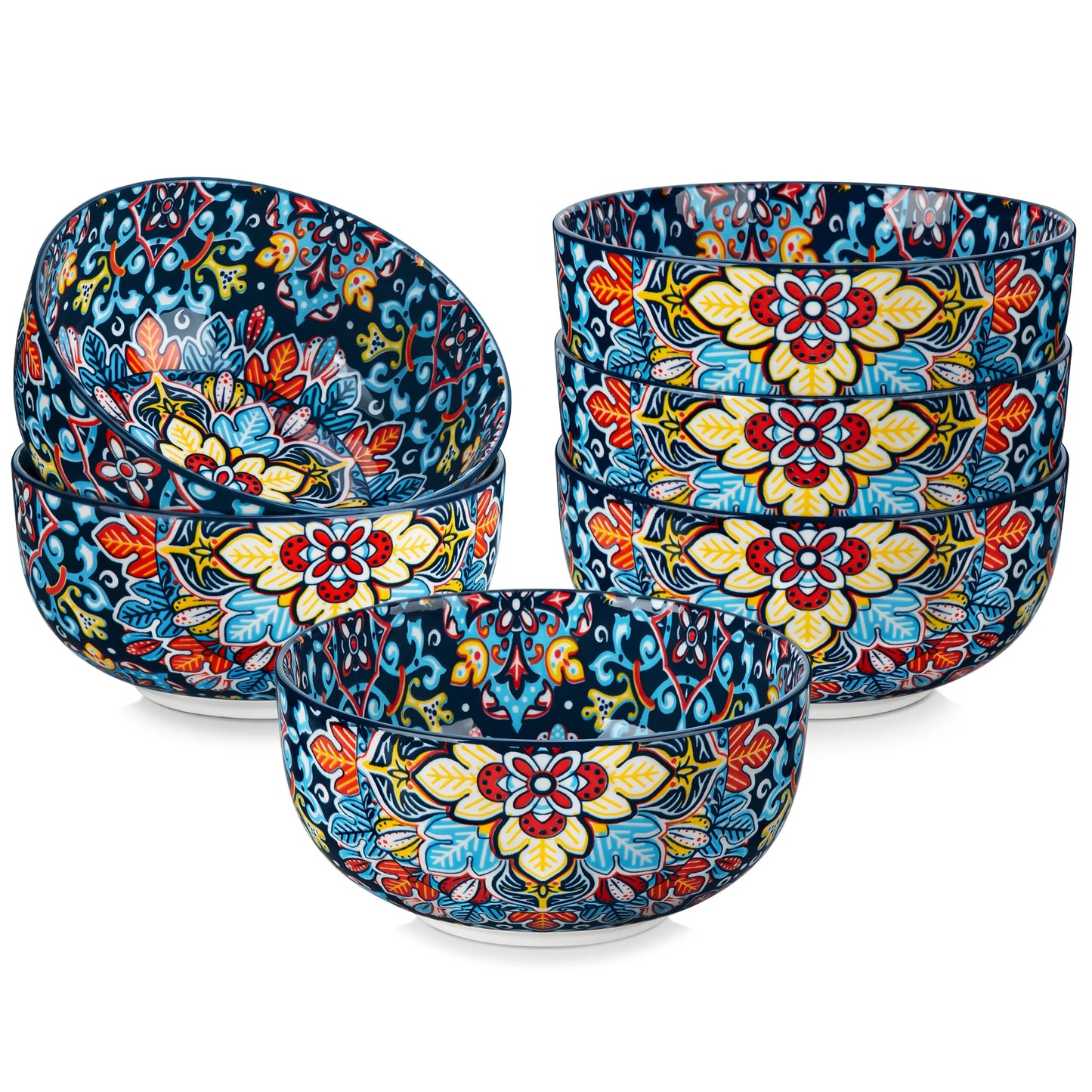 Set of 6 ceramic cereal bowls in bohemian style, 28 oz capacity, ideal for salad, pasta, rice, oatmeal, fruit, and cereal.