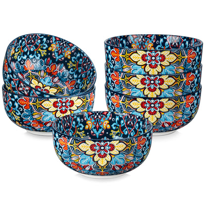 Set of 6 ceramic cereal bowls in bohemian style, 28 oz capacity, ideal for salad, pasta, rice, oatmeal, fruit, and cereal.