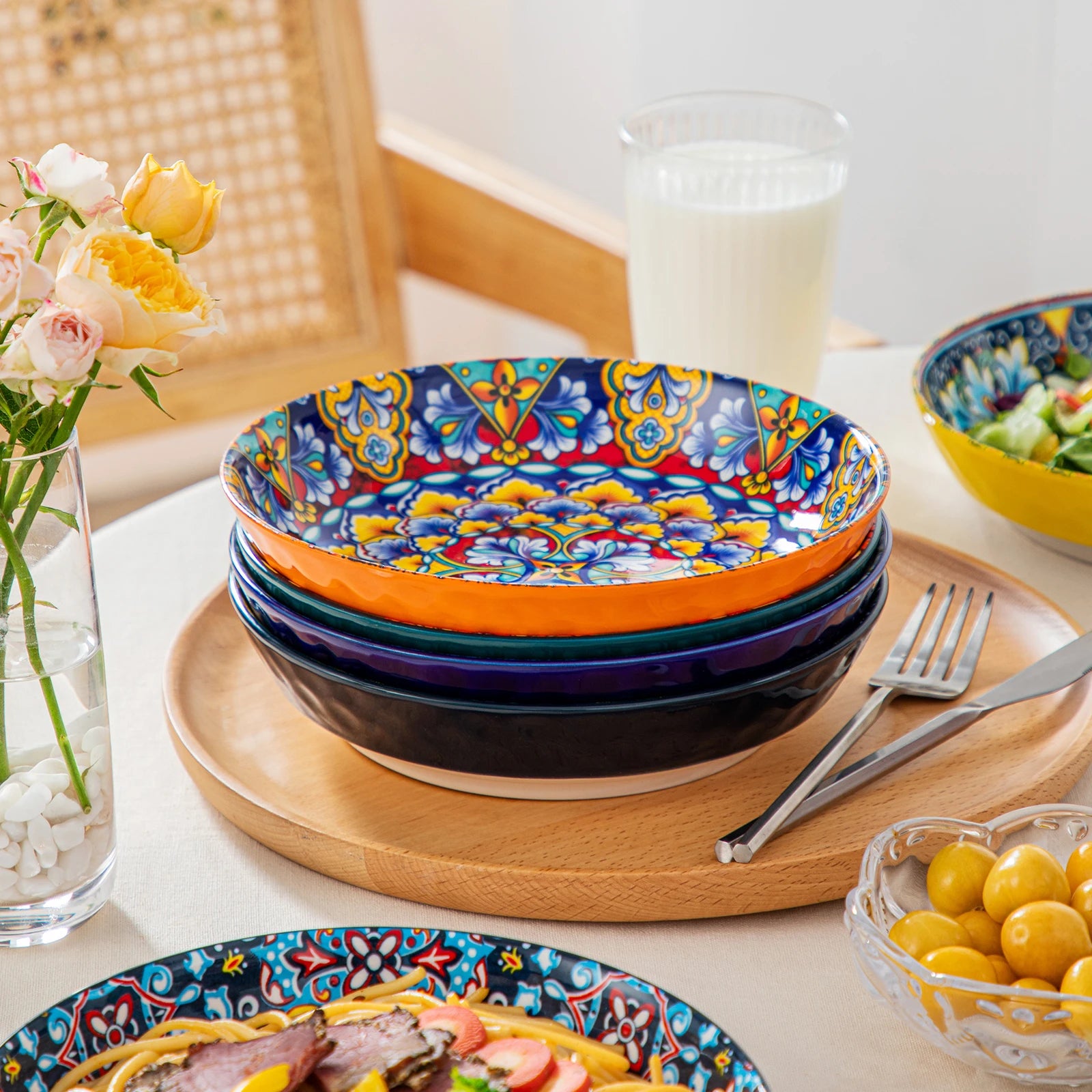 Livoshop ceramic dinnerware set with 12/16/18/24 pieces in Bohemian style, includes dinner, dessert, cereal, and pasta bowls for 6.