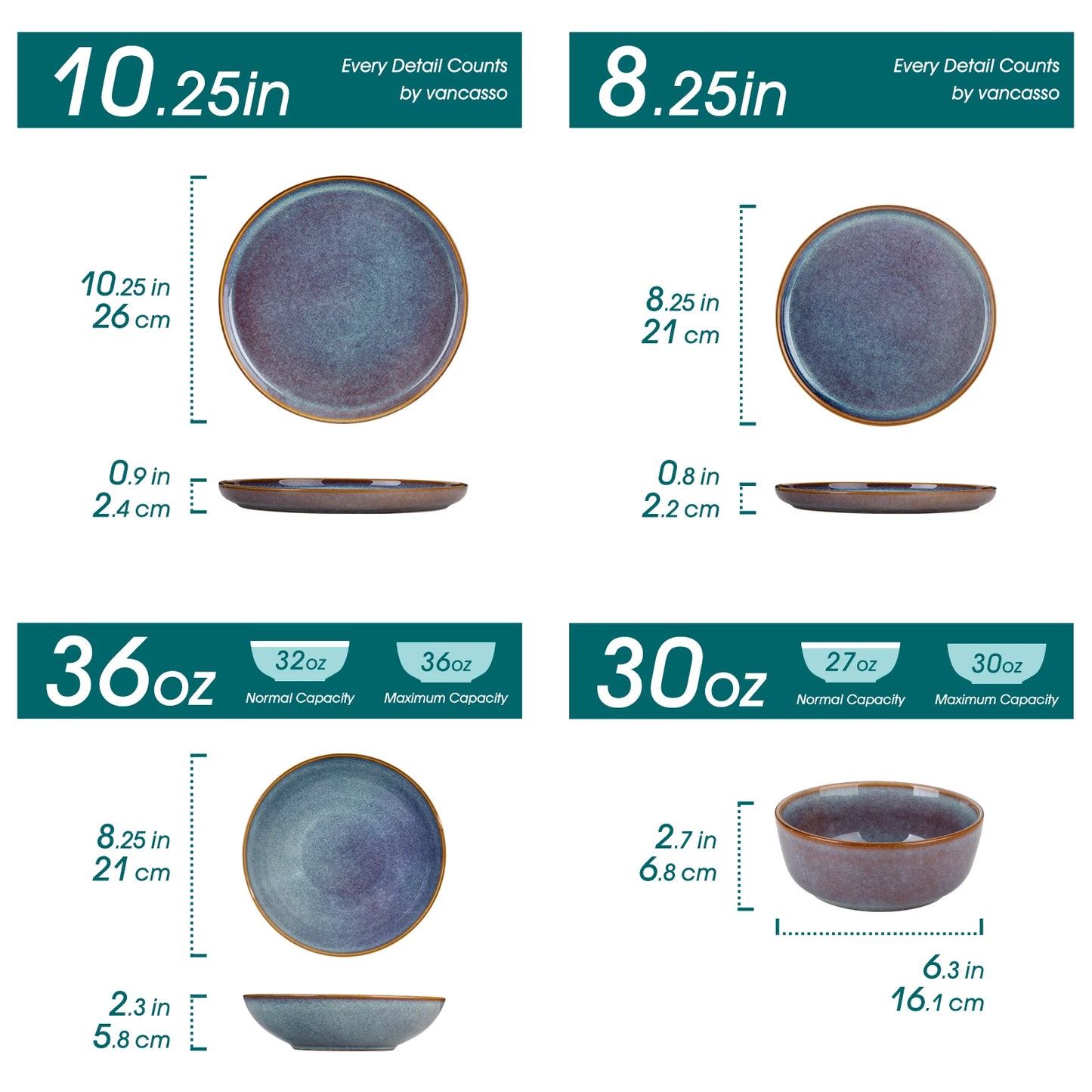 Set of grey-blue reactive glaze stoneware dinnerware including dinner plates, dessert plates, and bowls from Vancasso by Livoshop.