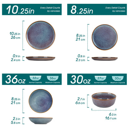 Set of grey-blue reactive glaze stoneware dinnerware including dinner plates, dessert plates, and bowls from Vancasso by Livoshop.