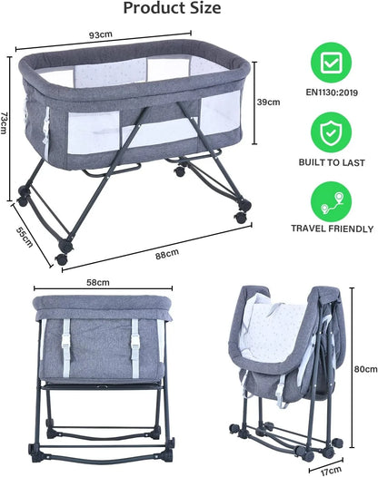 2-in-1 Folding Baby Crib & Rocking Bassinet - Portable Adjustable Newborn Bassinet