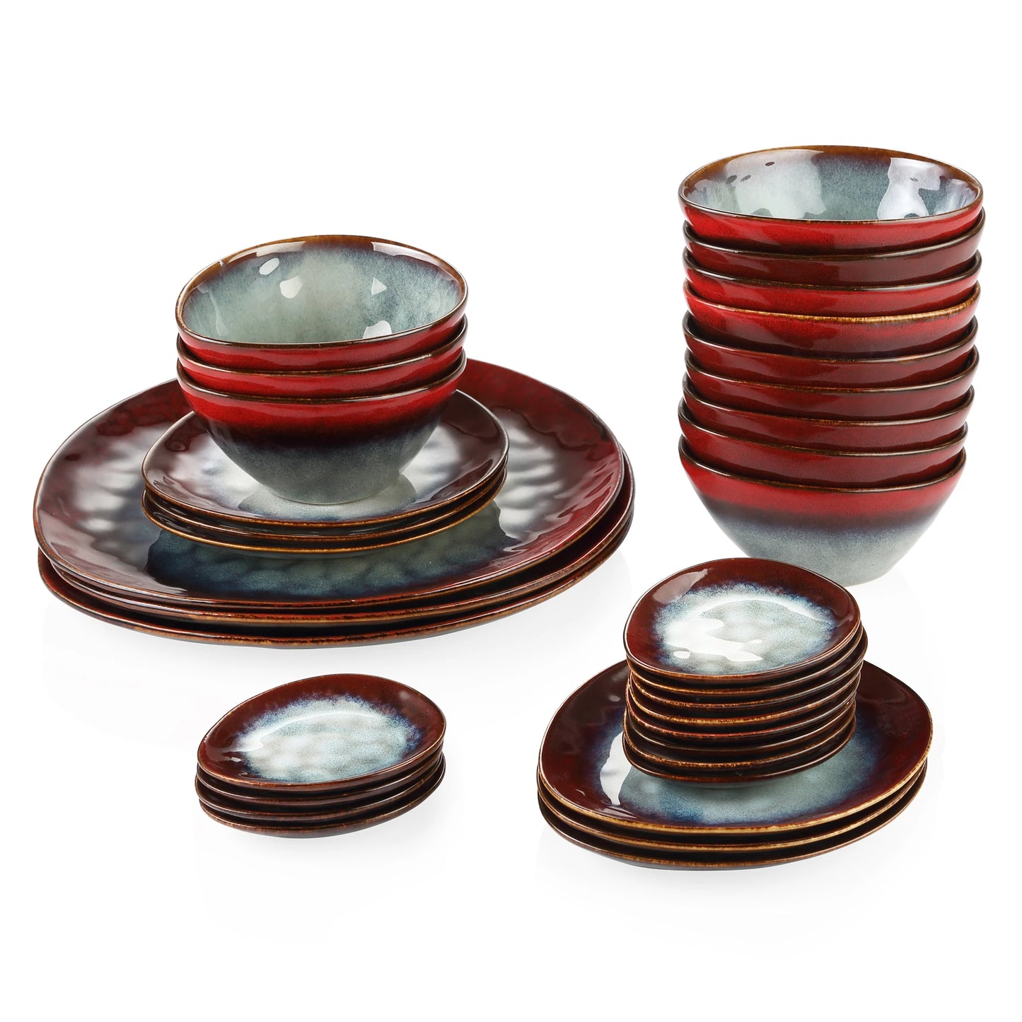 Starry Red ceramic dinner set by Livoshop with serving platter, dessert plates, bowls, and saucers in vintage style.