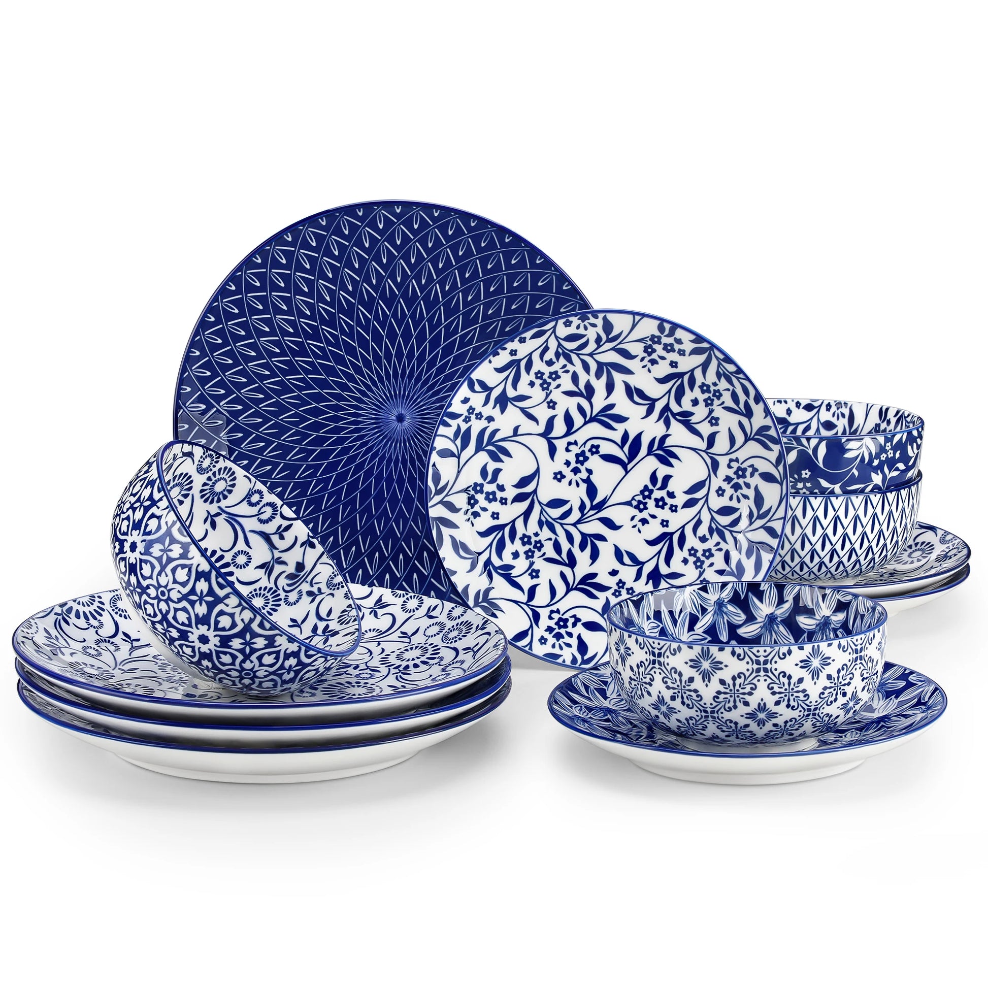 Blue and white Chinese porcelain plate set including dinner plates, dessert plates, and cereal bowls from Livoshop.