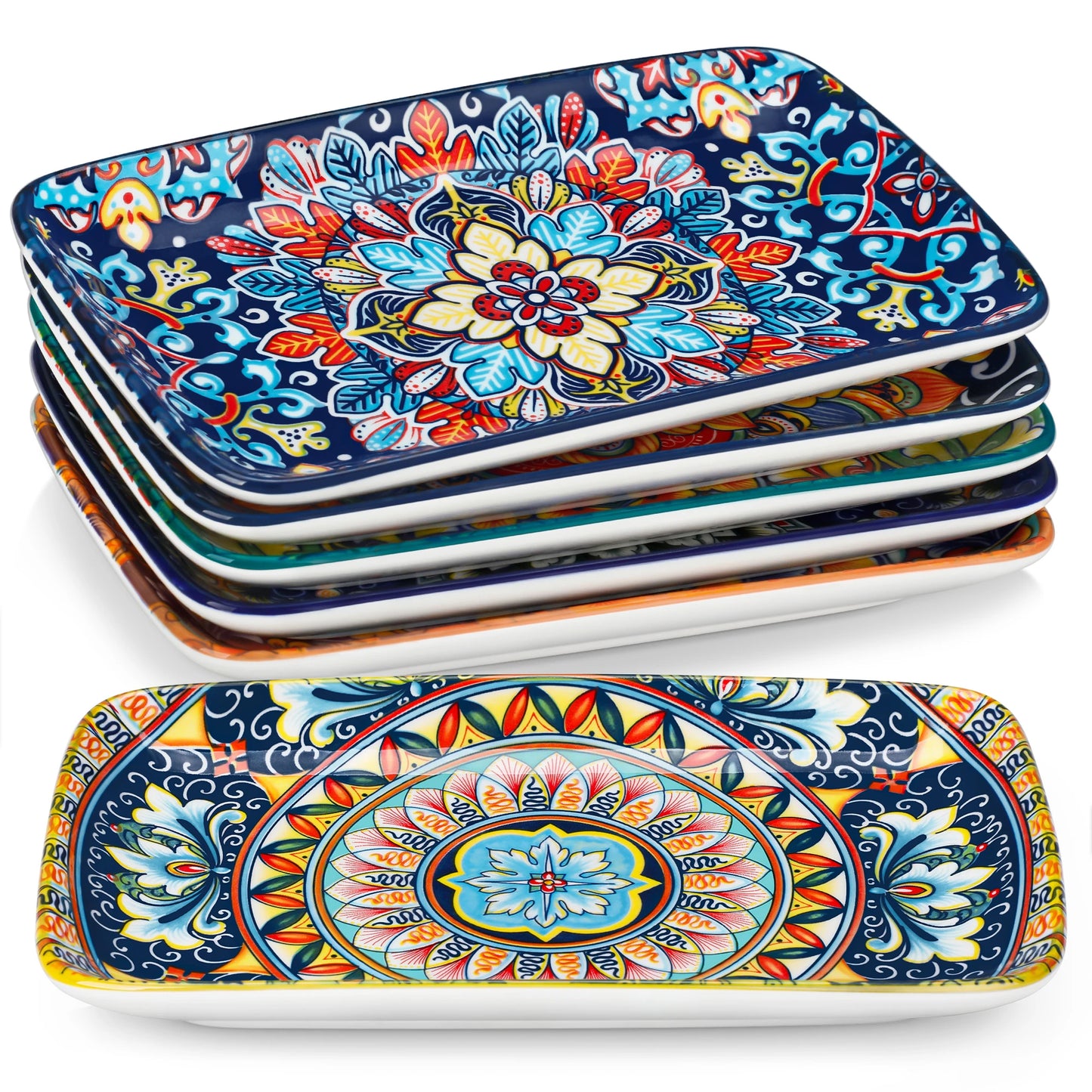 Set of six Vancasso porcelain rectangular serving plates with bohemian design, 8.5-inch dinner plates for food, beef, noodles, and pasta.