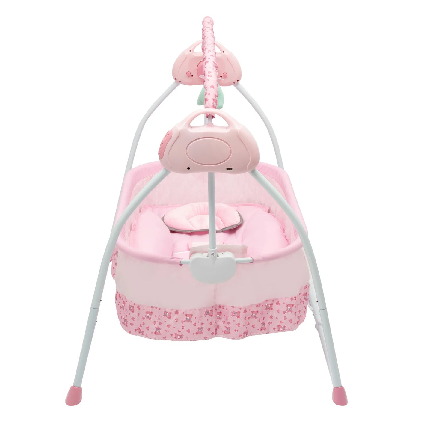 Pink USB electric baby crib shaker with auto-swing, music, toys, and adjustable timer, designed for newborns by Livoshop.