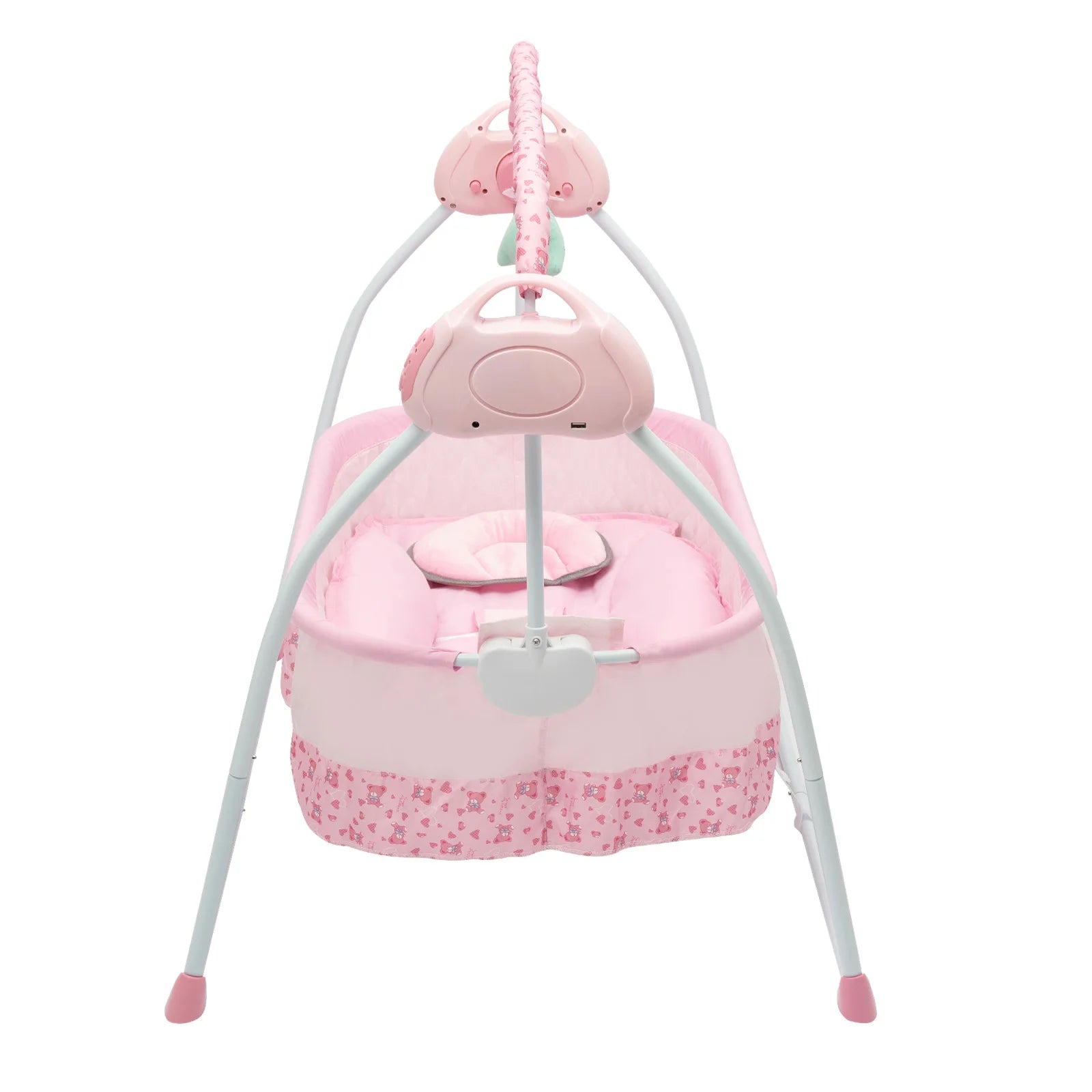 Pink USB electric baby crib shaker with auto-swing, music, toys, and adjustable timer, designed for newborns by Livoshop.