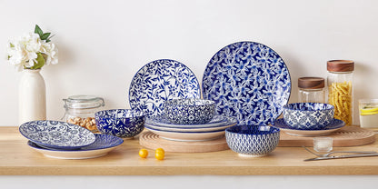 Set of 12/24/36 Chinese blue and white porcelain dinner plates, dessert plates, and cereal bowls with intricate floral patterns.