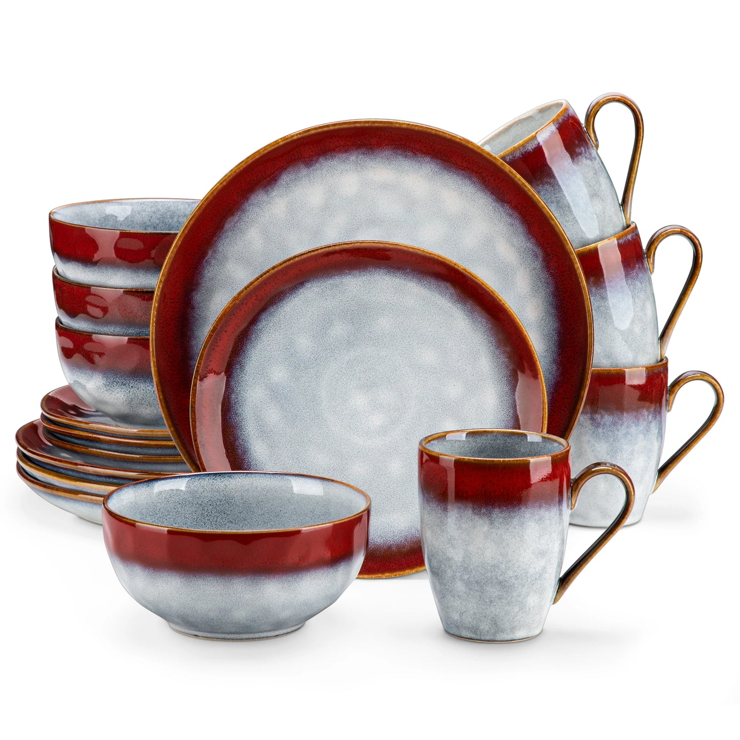 16/32-piece Livoshop dinner set with red and green kiln-change glaze, includes dinner plates, dessert bowls, and mugs.
