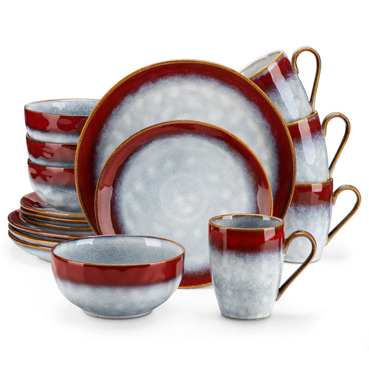 16/32-piece Livoshop dinner set with red and green kiln-change glaze, includes dinner plates, dessert bowls, and mugs.