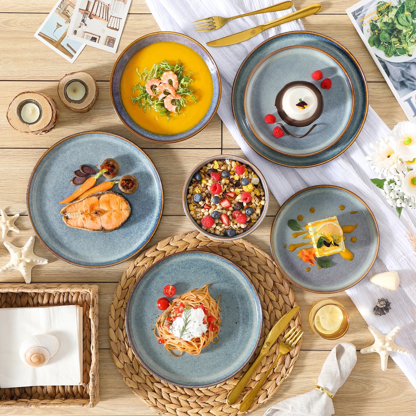 Set of grey-blue reactive glaze stoneware dinnerware including dinner plates, dessert plates, and bowls from Vancasso.
