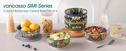 Set of six 28 oz ceramic cereal bowls in bohemian style, ideal for salad, pasta, rice, oatmeal, fruit, or cereal.