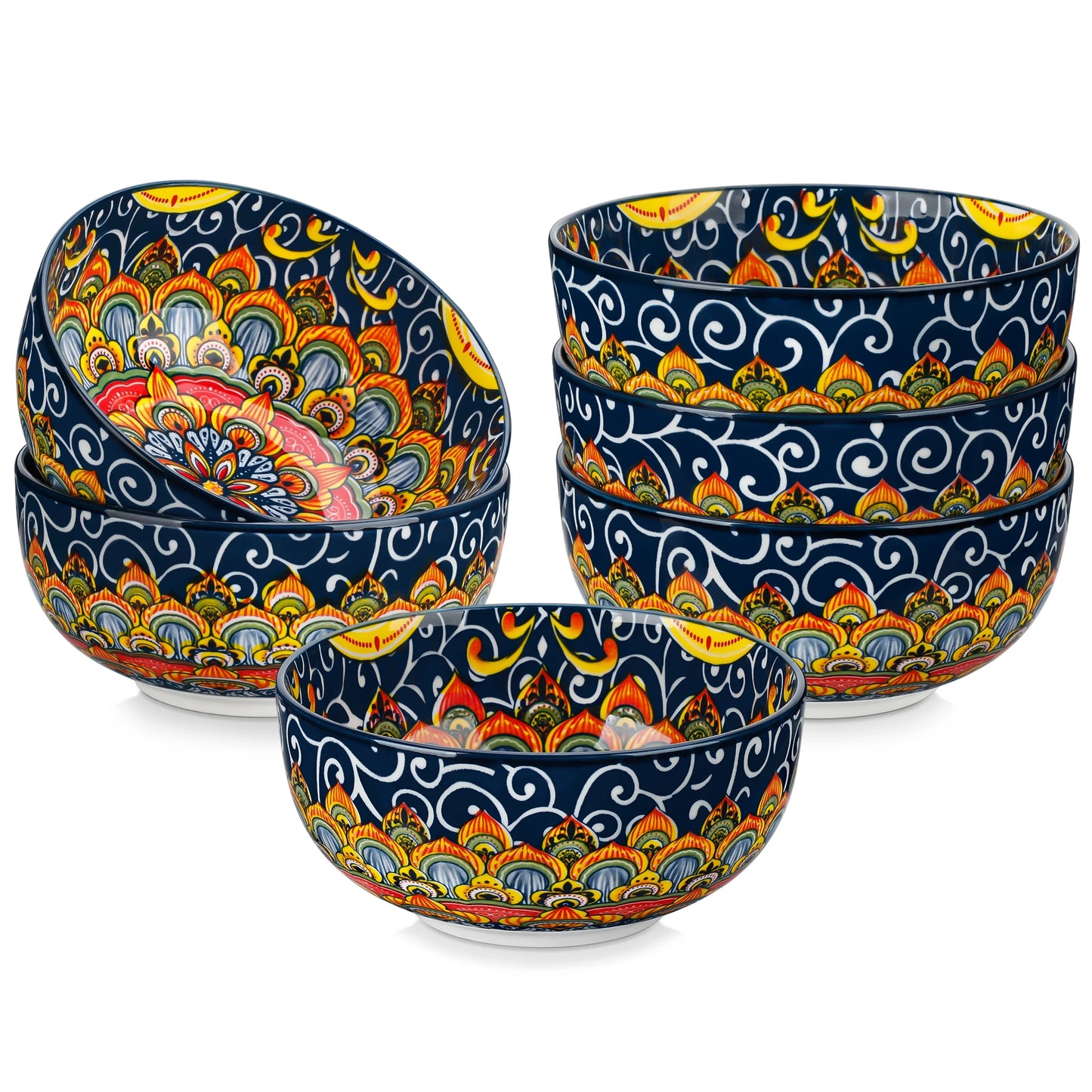 Set of 6 ceramic cereal bowls in bohemian style, 28 oz capacity, ideal for salad, pasta, rice, oatmeal, fruit, and cereal.