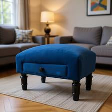 Blue Velvet Footstool with Drawer – Upholstered Storage Footrest with Wooden Legs