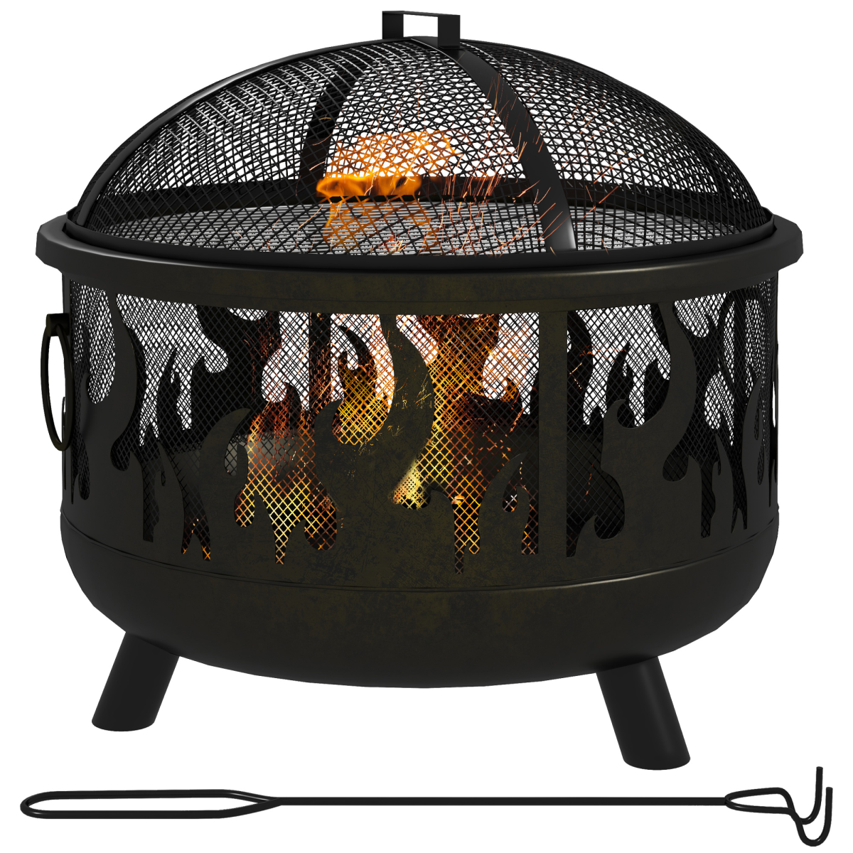 Outsunny 61.5cm outdoor fire pit and BBQ garden cooker with firewood storage, metal construction, and versatile heating and grilling features.