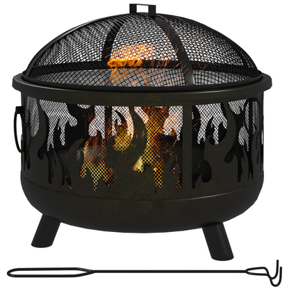 Outsunny 61.5cm outdoor fire pit and BBQ garden cooker with firewood storage, metal construction, and versatile heating and grilling features.