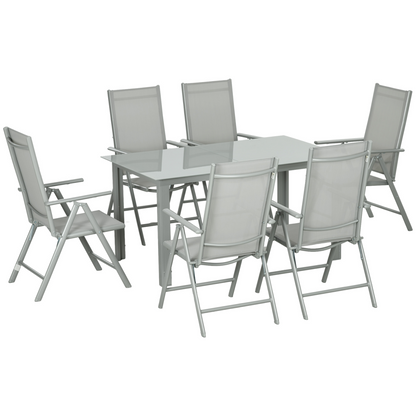 Outsunny 7-piece garden dining set with grey aluminium table and six reclining chairs, outdoor patio furniture for outdoor dining