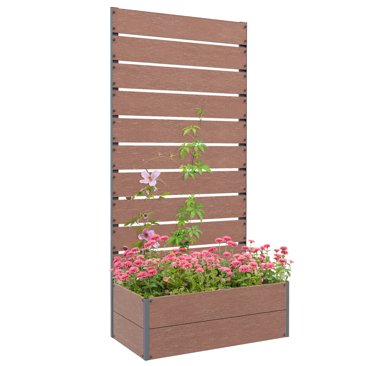 Outsunny grey raised garden bed with trellis and drainage hole, ideal for planting vegetables and flowers in a backyard or patio.