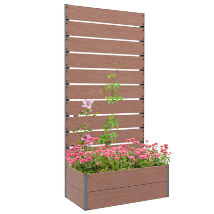 Outsunny grey raised garden bed with trellis and drainage hole, ideal for planting vegetables and flowers in a backyard or patio.