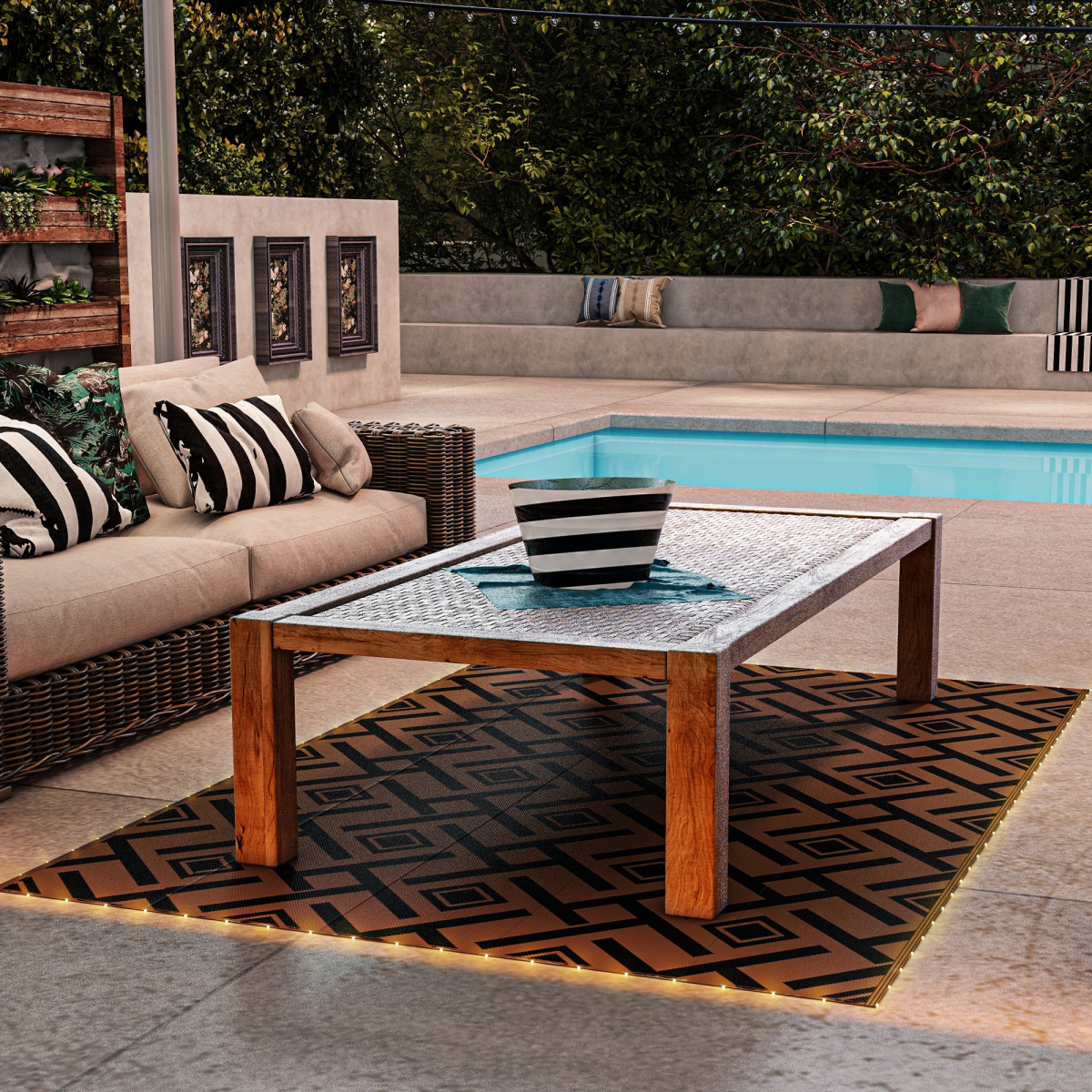Outdoor waterproof rug with LED string lights, 182 x 274cm, by Outsunny, shown outdoors with decorative lighting.