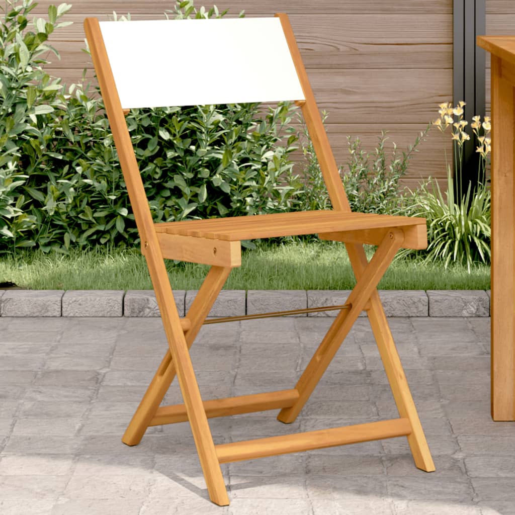 Two cream white bistro chairs with solid wood acacia frames and fabric seats, perfect for a stylish dining area.
