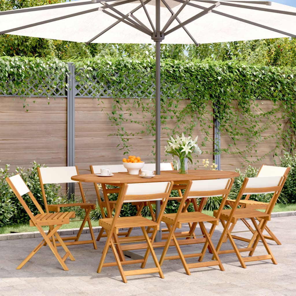 Set of two cream white bistro chairs with solid acacia wood frames and fabric seats, ideal for dining or casual seating.