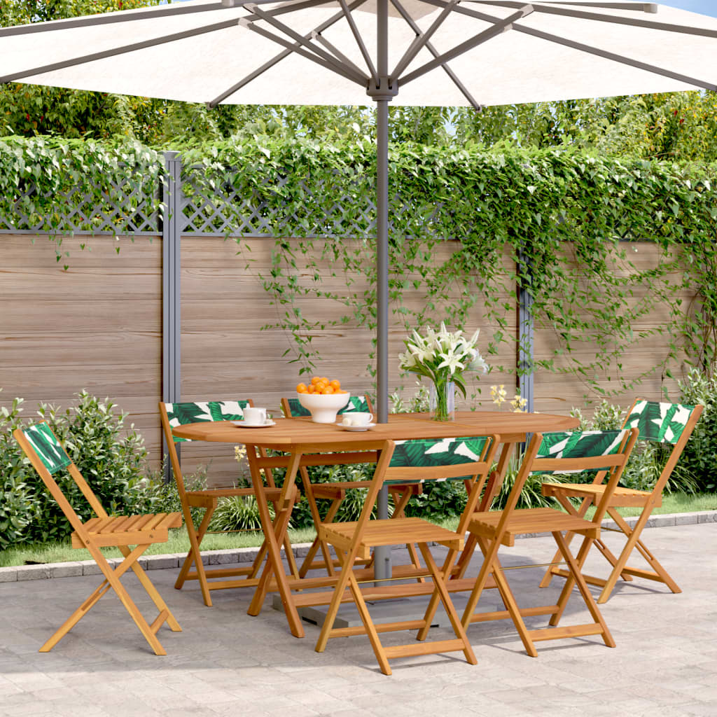 Pair of cream white bistro chairs with solid wood acacia frames and fabric seats, ideal for dining or patio use.