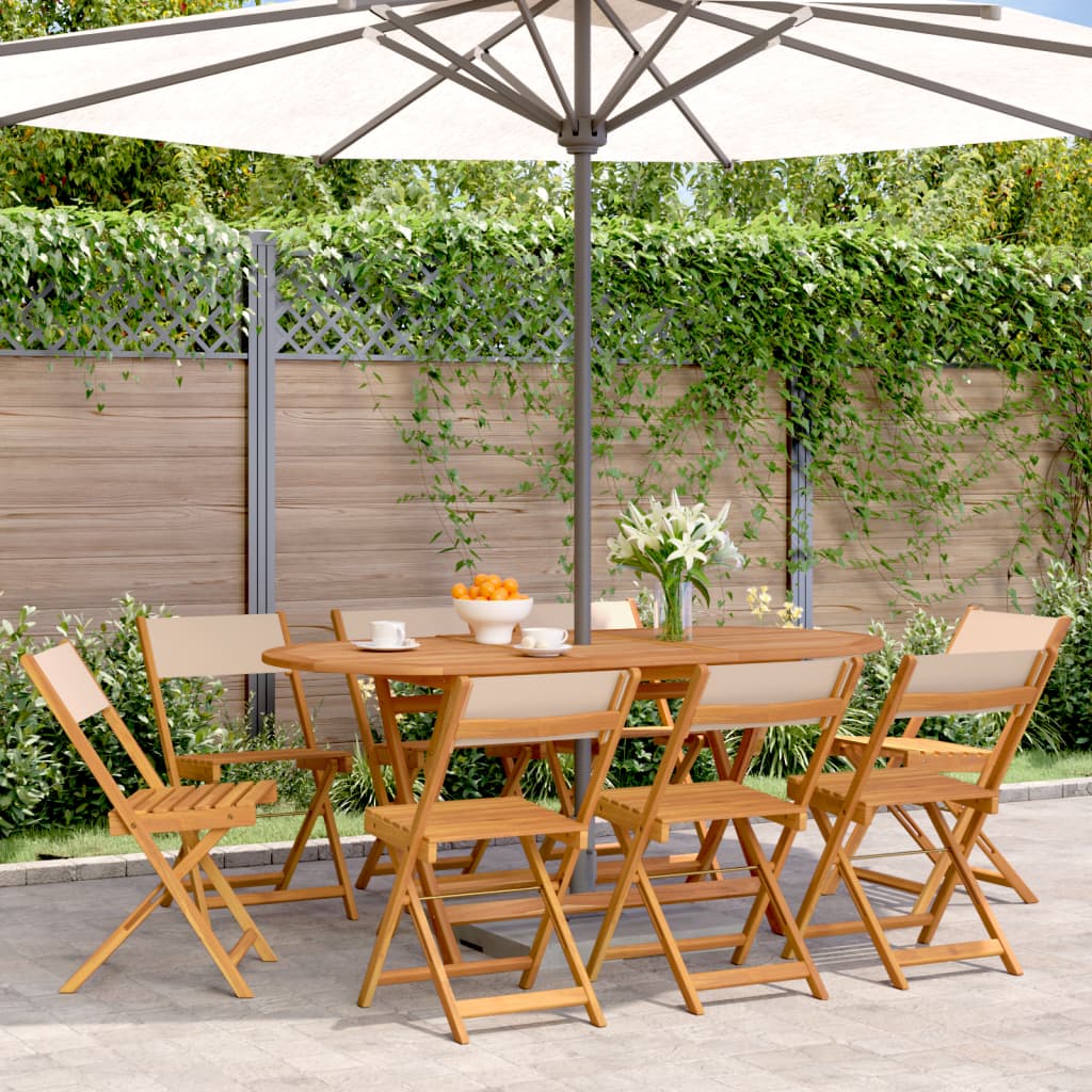 Two cream white bistro chairs with solid wood acacia frames and fabric seats, ideal for dining or casual seating.
