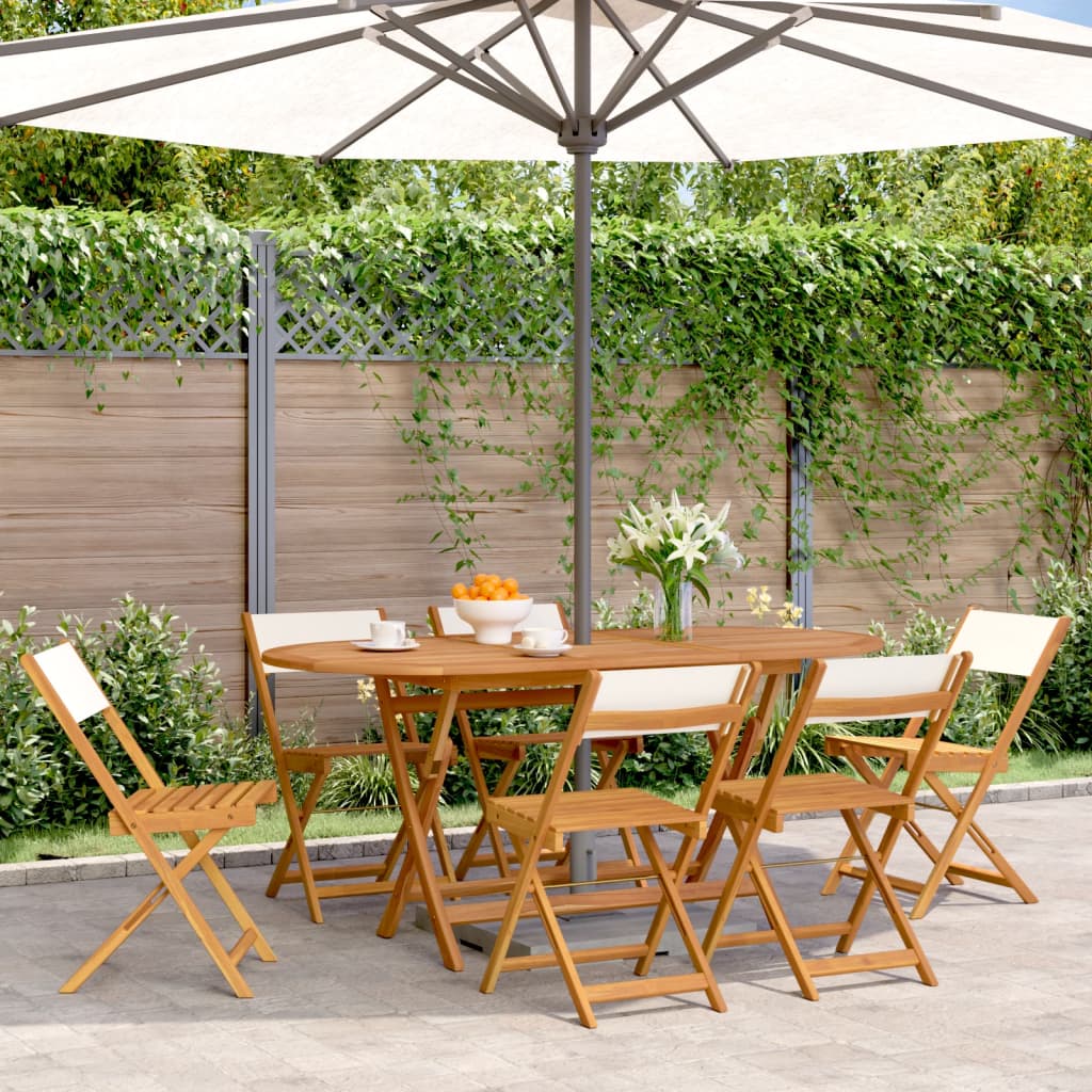 Two cream white bistro chairs with solid acacia wood frames and fabric seats, designed for stylish dining or café settings.