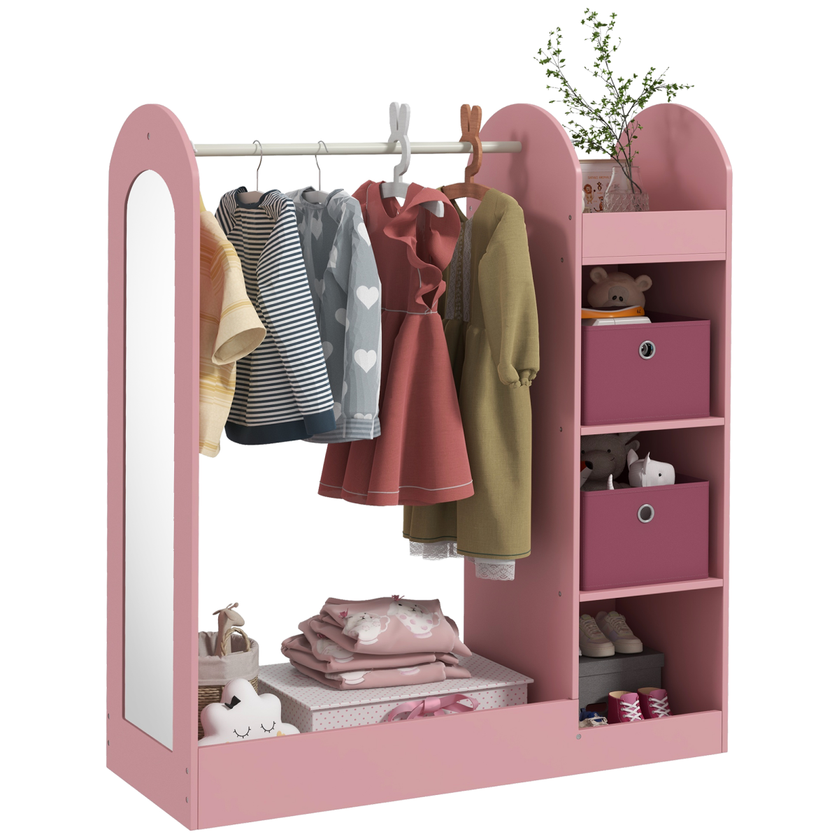 Kids cloth rail with storage shelf, boxes, and mirror from AIYAPLAY, ideal for bedroom organization and kids' room decor.