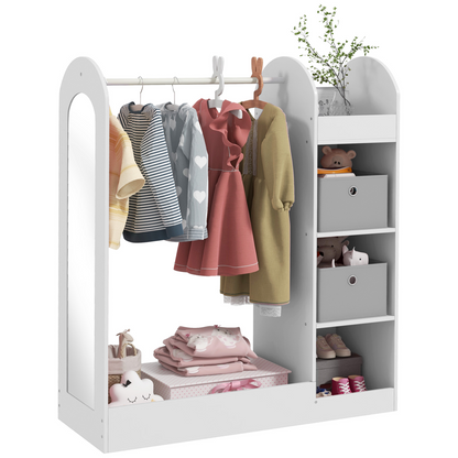 Kids cloth rail with storage shelf, boxes, and mirror from AIYAPLAY, shown in a bedroom setting for organization and decor.