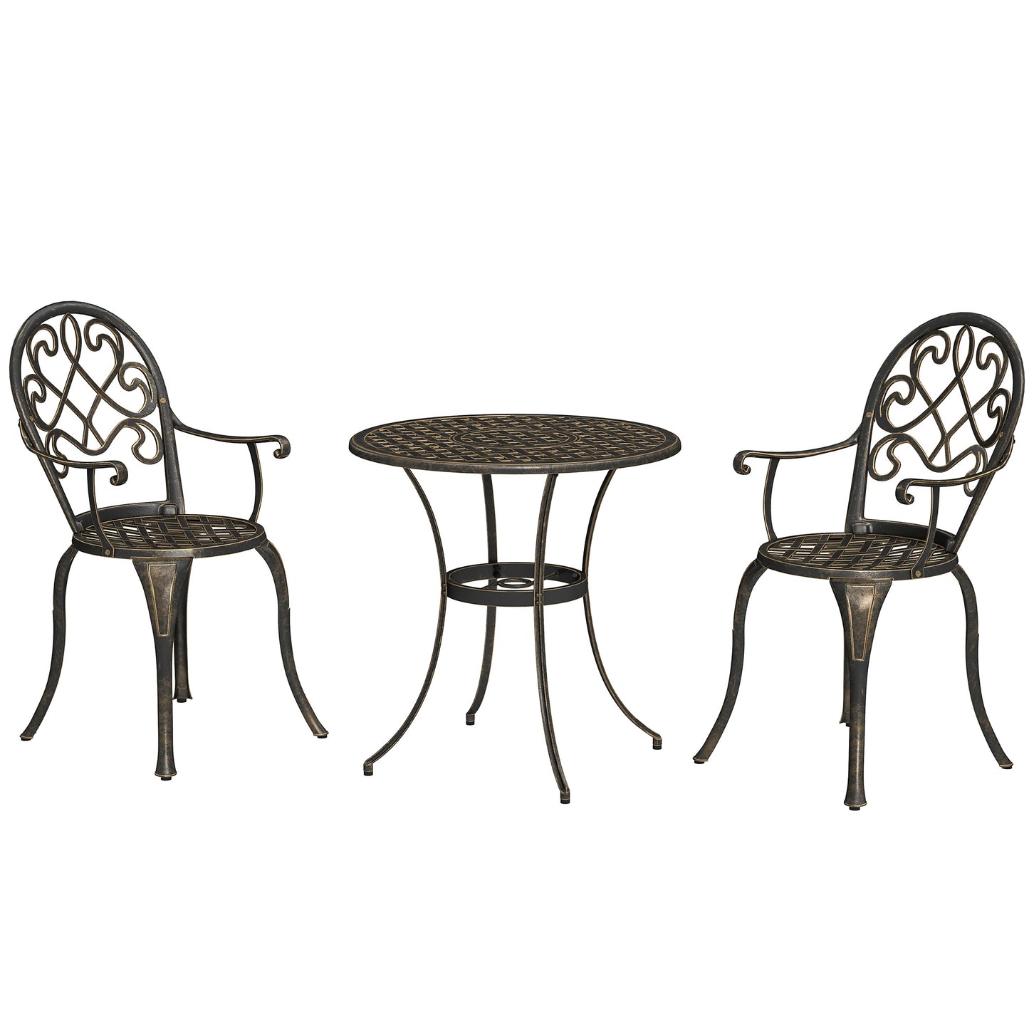 Outsunny 3-piece bistro set with aluminum garden table and chairs for outdoor dining and patio use.