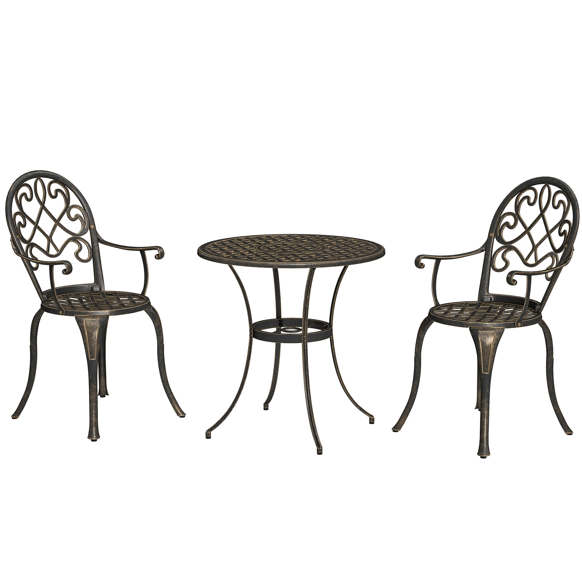 Outsunny 3-piece bistro set with aluminum garden table and chairs for outdoor dining and patio use.