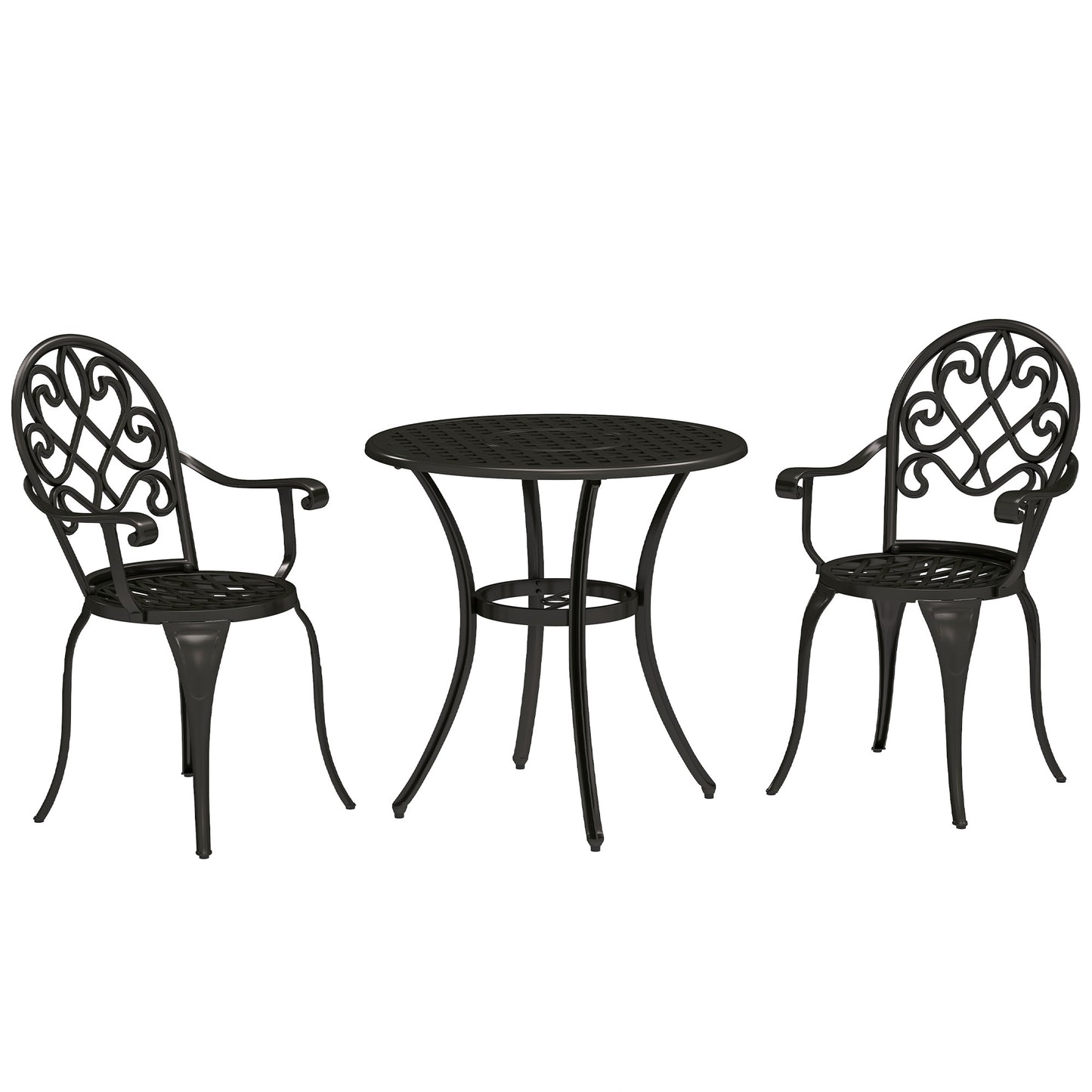 Outsunny 3-piece bistro set with aluminum garden table and chairs, outdoor furniture for patio or garden seating.