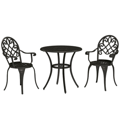Outsunny 3-piece bistro set with aluminum garden table and chairs, outdoor furniture for patio or garden seating.