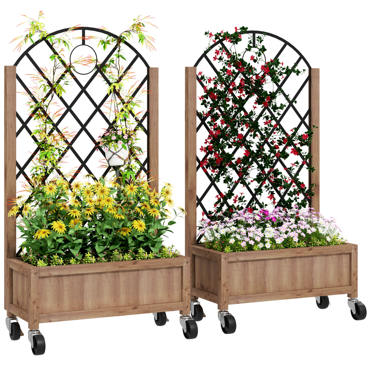 Outsunny wooden raised garden bed with metal trellis for outdoor planting and climbing plants, featuring a sturdy, natural wood finish.