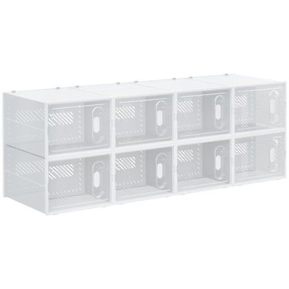 HOMCOM 8-piece stackable clear plastic shoe storage boxes for UK/EU size 8.5/43 shoes, showing organized footwear storage.