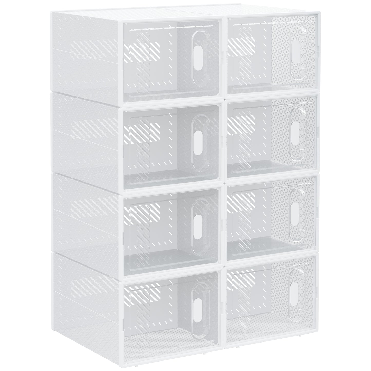 Set of 8 HOMCOM clear plastic stackable shoe storage boxes for UK/EU size 8.5/43 shoes, showing transparent lids and compact design.