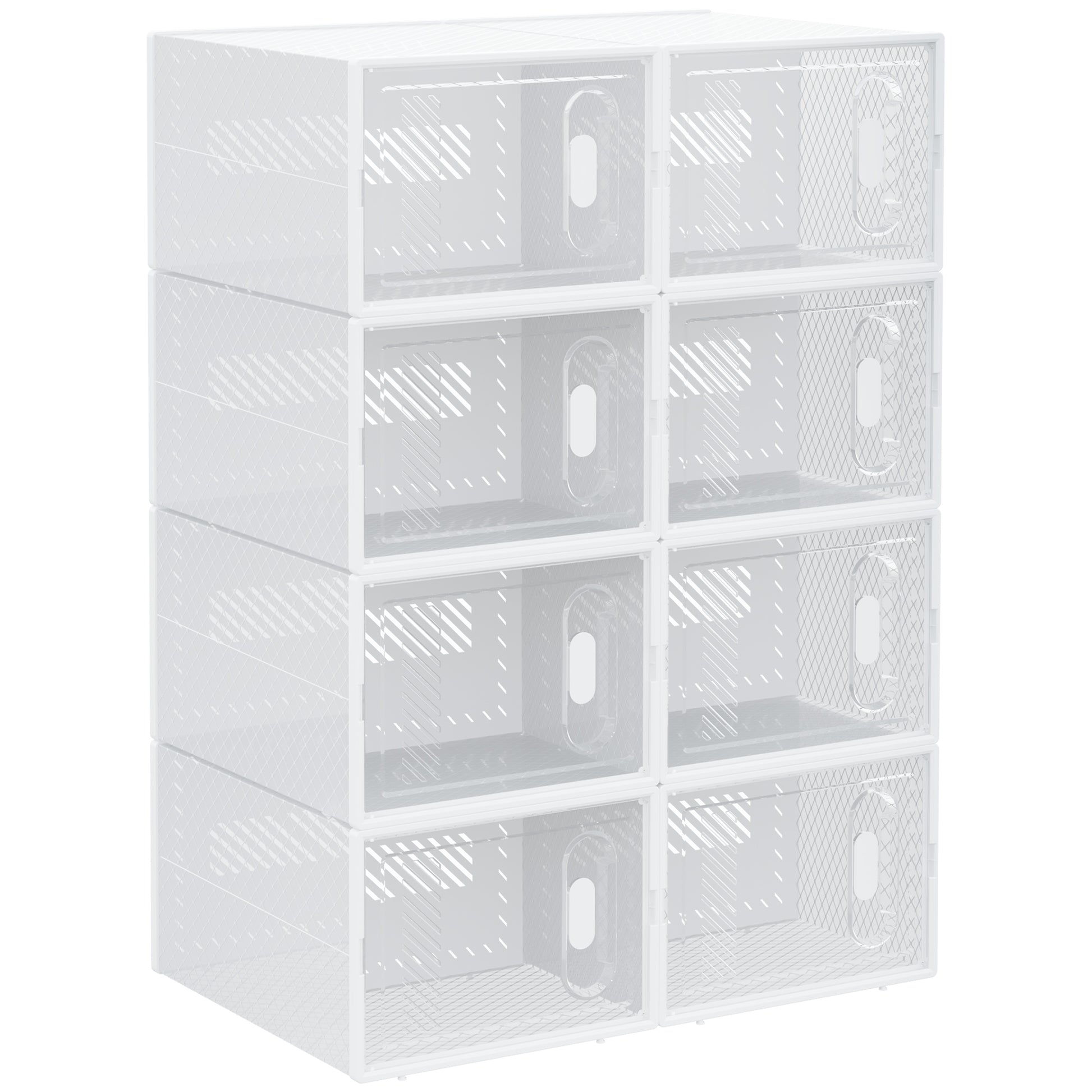 Set of 8 HOMCOM clear plastic stackable shoe storage boxes for UK/EU size 8.5/43 shoes, showing transparent lids and compact design.
