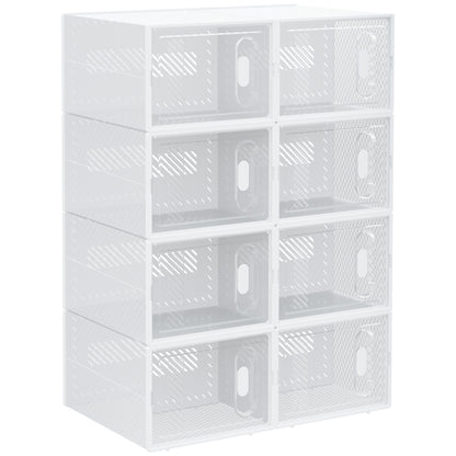 Set of 8 HOMCOM clear plastic stackable shoe storage boxes for UK/EU size 8.5/43 shoes, showing transparent lids and compact design.