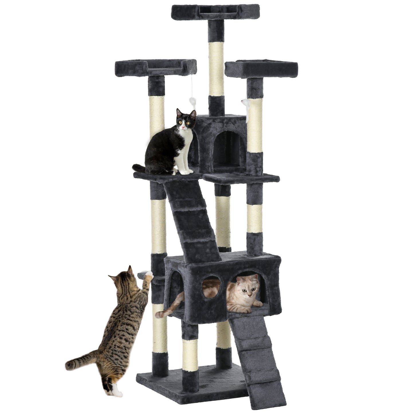 PawHut cat tree and scratching post activity centre with condo and cozy bed for cats to scratch, play, and rest.
