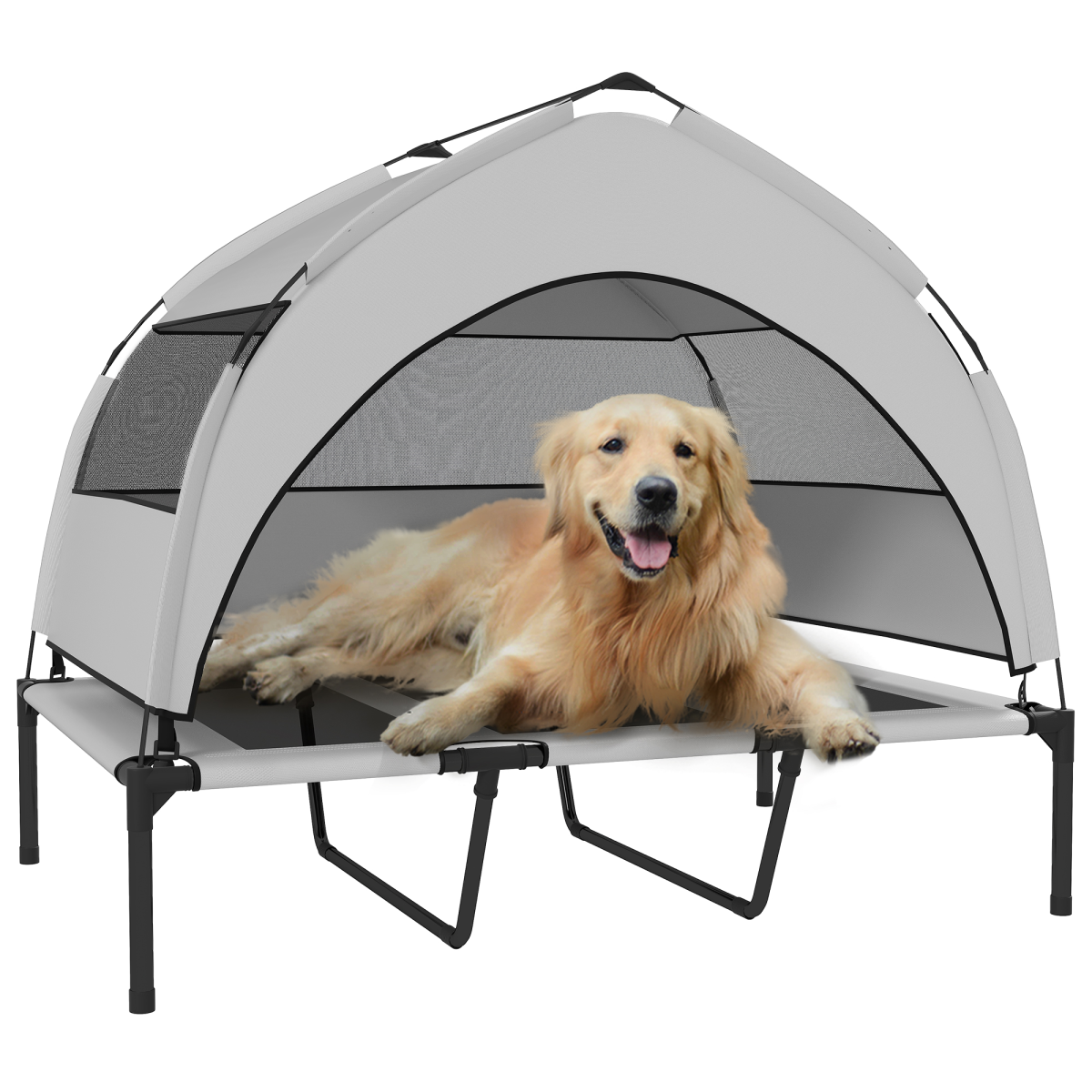 Portable Elevated Dog Bed with removable canopy by PawHut, showing a raised fabric bed with a lightweight canopy for outdoor use.