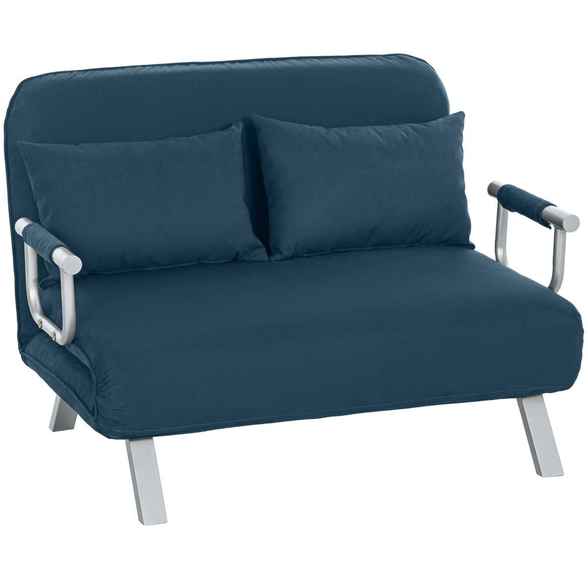 HOMCOM abric convertible 2-seater sofa bed with two pillows, showcasing its modern design and comfortable seating option.
